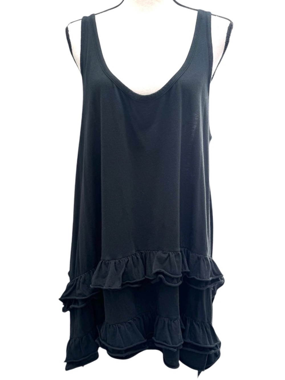 PURE DKNY BLACK COTTON SLEEVELESS TANK MINI DRESS W ROWS OF RUFFLES AT BOTTOM